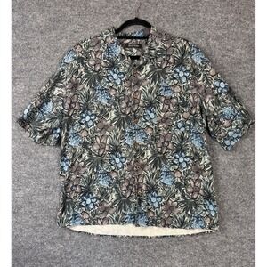 Silk Icon Shirt Mens XL Blue Grey Hawaiian Floral Tropical 100% Silk Camp Summer